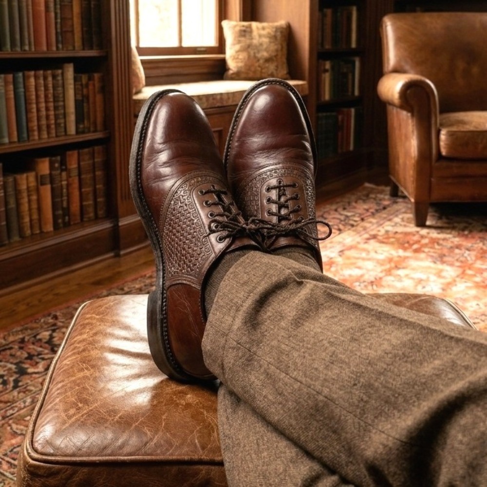 H.S. Trask Saddle Shoes Mens 11M Brown Leather Lace Up Braided Texture Oxford